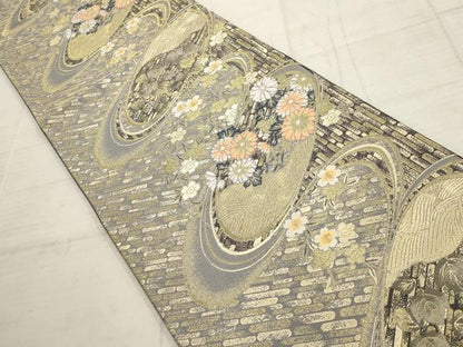 平和屋着物▼六通柄袋帯　流水草花文　金糸　正絹　逸品　AABB9949wj