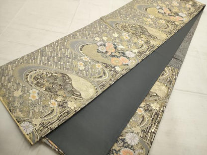 平和屋着物▼六通柄袋帯　流水草花文　金糸　正絹　逸品　AABB9949wj
