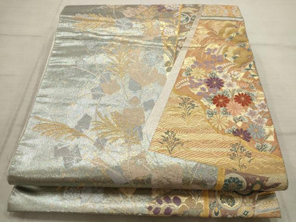 平和屋着物▼六通柄袋帯　瑞華豊麗　草花文　金銀糸　正絹　逸品　AABB9963wj
