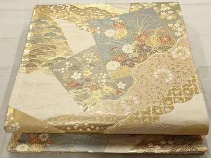 平和屋着物▼六通柄袋帯　色紙道長四季の彩文　金糸　正絹　逸品　AABB9980wj