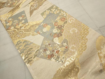 平和屋着物▼六通柄袋帯　色紙道長四季の彩文　金糸　正絹　逸品　AABB9980wj