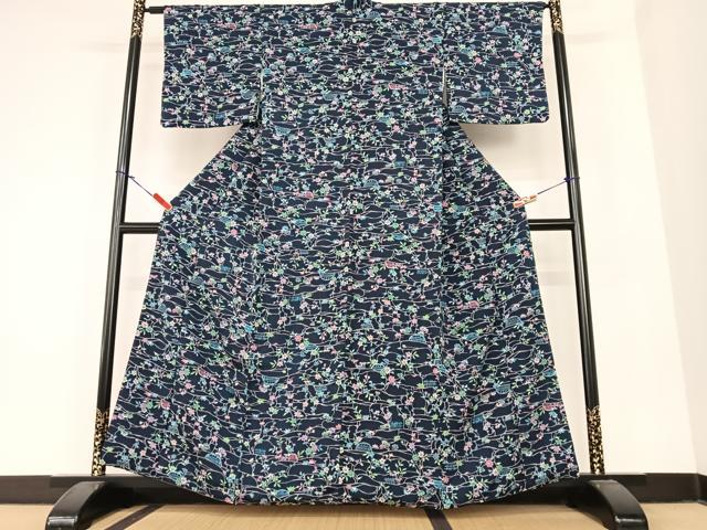平和屋着物●上質な小紋　型染め　草花籬文　正絹　逸品　AABC0006zg
