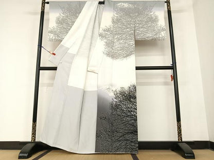 平和屋着物●日展作家　山本唯与志　レリーフ染　訪問着　遠山重ね樹林文　鈴乃屋扱い　正絹　逸品　AABC0021zg
