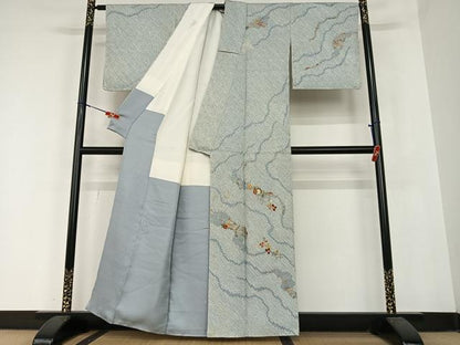 平和屋着物●訪問着　駒刺繍　絞り　草花文　金彩　正絹　逸品　AABC0029zg