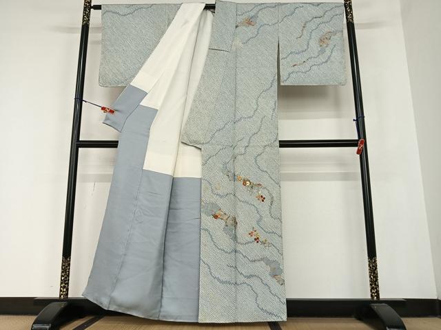 平和屋着物●訪問着　駒刺繍　絞り　草花文　金彩　正絹　逸品　AABC0029zg