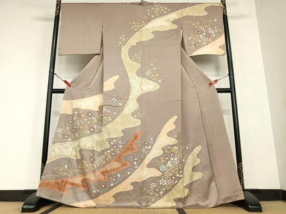 平和屋着物●訪問着 絞り 草花文 金彩 正絹 逸品 AABC0046zg