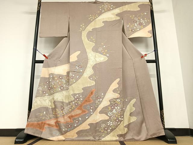 平和屋着物●訪問着 絞り 草花文 金彩 正絹 逸品 AABC0046zg