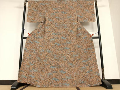 平和屋着物●上質な小紋　型染め　松竹梅人物風景文　鬼しぼ縮緬　正絹　逸品　未使用　AABC0048zg