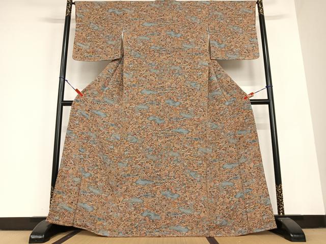平和屋着物●上質な小紋　型染め　松竹梅人物風景文　鬼しぼ縮緬　正絹　逸品　未使用　AABC0048zg