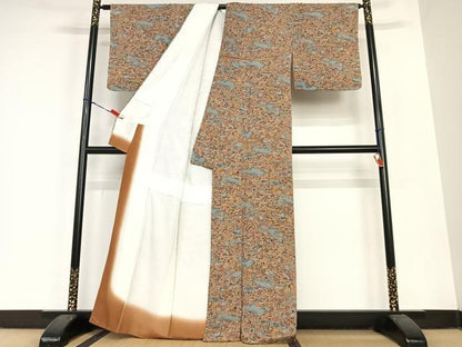 平和屋着物●上質な小紋　型染め　松竹梅人物風景文　鬼しぼ縮緬　正絹　逸品　未使用　AABC0048zg