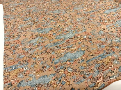 平和屋着物●上質な小紋　型染め　松竹梅人物風景文　鬼しぼ縮緬　正絹　逸品　未使用　AABC0048zg