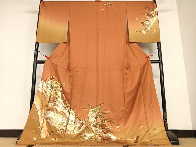 平和屋着物●訪問着 花蝶絵巻文 山車 暈し染め 金彩 ロング丈 正絹 逸品 AABC0050zg