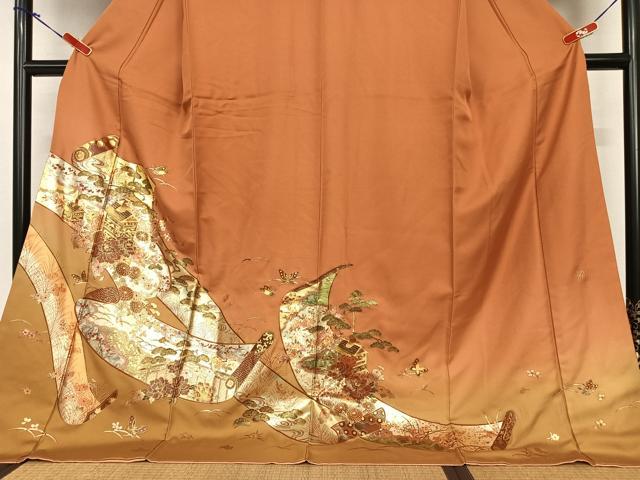 平和屋着物●訪問着 花蝶絵巻文 山車 暈し染め 金彩 ロング丈 正絹 逸品 AABC0050zg