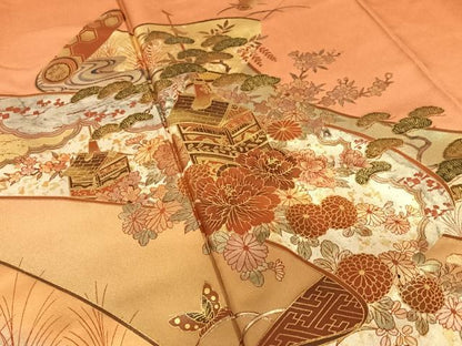 平和屋着物●訪問着 花蝶絵巻文 山車 暈し染め 金彩 ロング丈 正絹 逸品 AABC0050zg