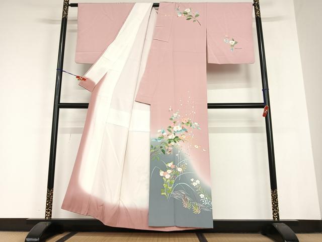 平和屋着物●訪問着 友禅 作家物 河美 草花文 暈し染め 正絹 逸品 AABC0057zg