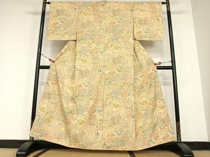 平和屋着物●上質な小紋　紬地　手描き　切嵌人物風景花文　正絹　逸品　AABC0060zg
