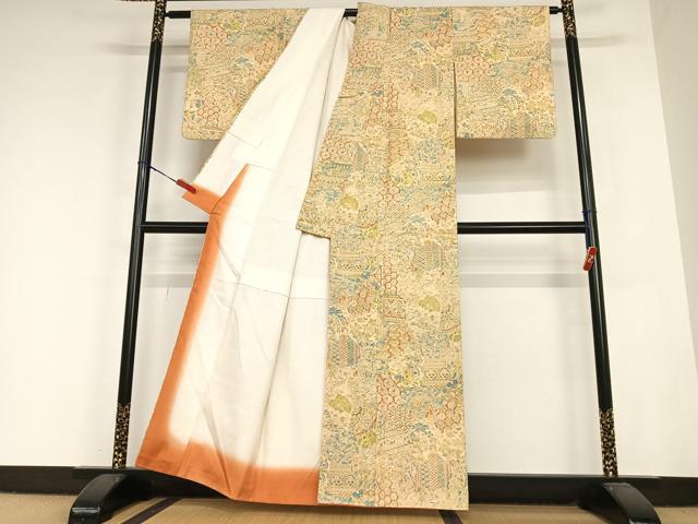 平和屋着物●上質な小紋　紬地　手描き　切嵌人物風景花文　正絹　逸品　AABC0060zg