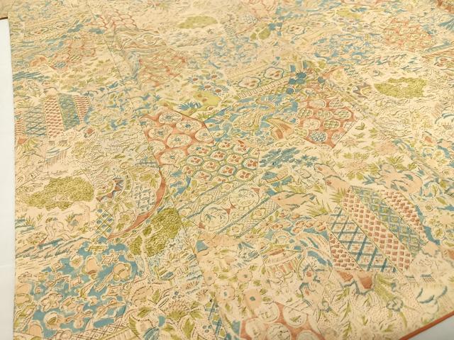 平和屋着物●上質な小紋　紬地　手描き　切嵌人物風景花文　正絹　逸品　AABC0060zg