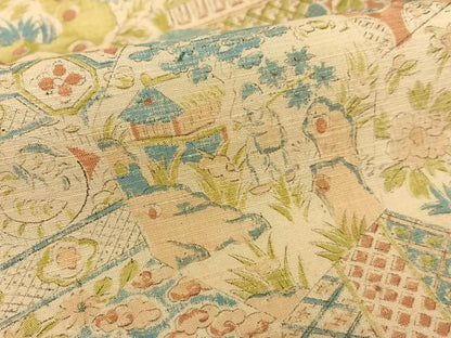 平和屋着物●上質な小紋　紬地　手描き　切嵌人物風景花文　正絹　逸品　AABC0060zg