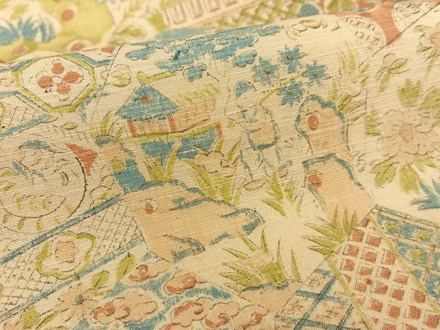 平和屋着物●上質な小紋　紬地　手描き　切嵌人物風景花文　正絹　逸品　AABC0060zg
