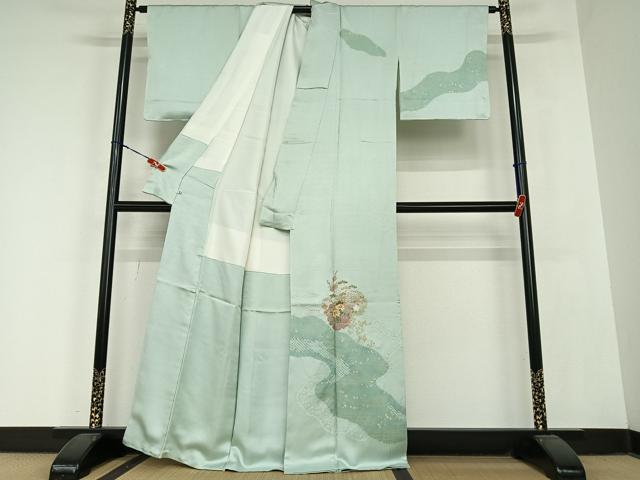 平和屋着物●訪問着 駒刺繍 絞り 梅松花文 金彩 松坂屋扱い 正絹 逸品 AABC0068zg