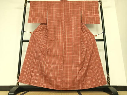 平和屋着物●上質な紬　格子　正絹　逸品　AABC0078zg