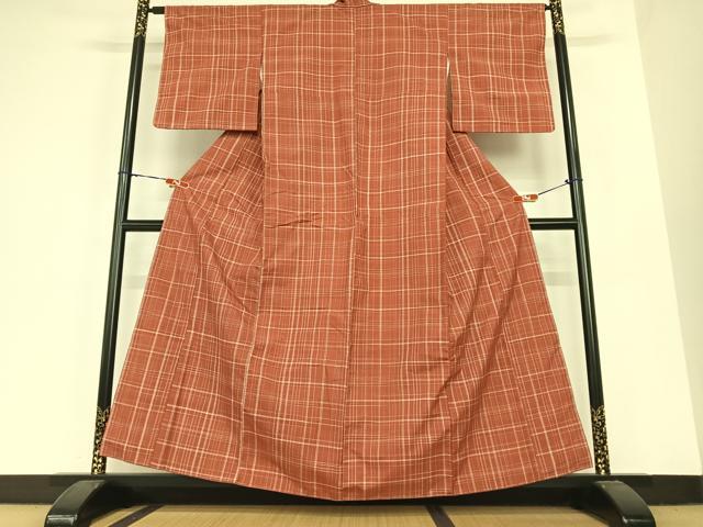 平和屋着物●上質な紬　格子　正絹　逸品　AABC0078zg