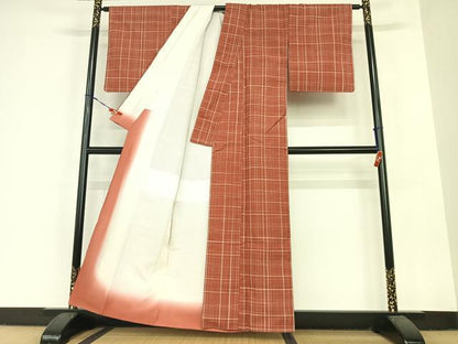 平和屋着物●上質な紬　格子　正絹　逸品　AABC0078zg