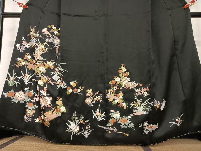 平和屋着物●訪問着 友禅 花楽器文 黒地 金彩 正絹 逸品 未使用 AABC0104zg