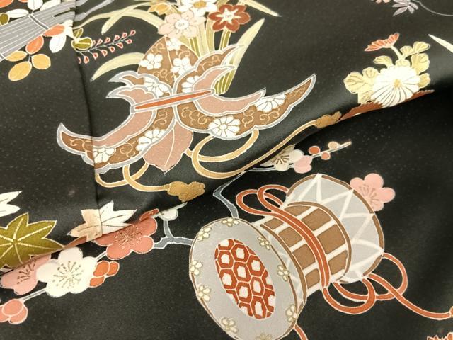 平和屋着物●訪問着 友禅 花楽器文 黒地 金彩 正絹 逸品 未使用 AABC0104zg