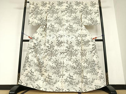 平和屋着物●摺型友禅 小紋 紬地 松竹梅風景文 正絹 逸品 AABC0111zg