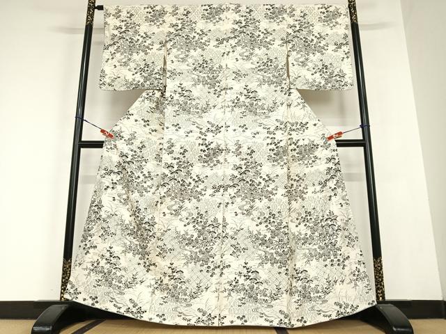 平和屋着物●摺型友禅 小紋 紬地 松竹梅風景文 正絹 逸品 AABC0111zg