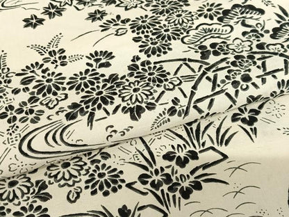 平和屋着物●摺型友禅 小紋 紬地 松竹梅風景文 正絹 逸品 AABC0111zg