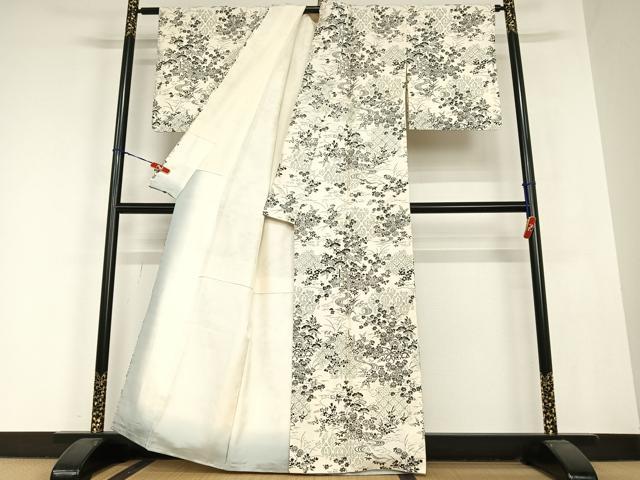 平和屋着物●摺型友禅 小紋 紬地 松竹梅風景文 正絹 逸品 AABC0111zg