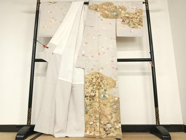 平和屋着物●訪問着　駒刺繍　草花文　金彩　正絹　逸品　AABC0167zg