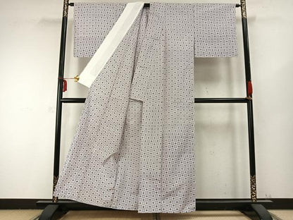 平和屋着物▽上質な紬 単衣 市松花文 正絹 逸品 AABC0243fy