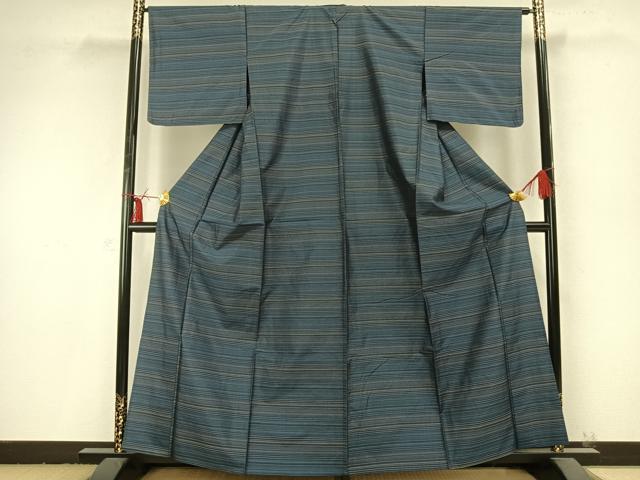 平和屋着物▽本場大島紬 単衣 横縞 正絹 逸品 AABC0250fy