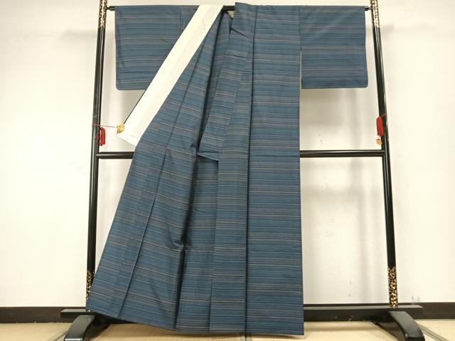 平和屋着物▽本場大島紬 単衣 横縞 正絹 逸品 AABC0250fy
