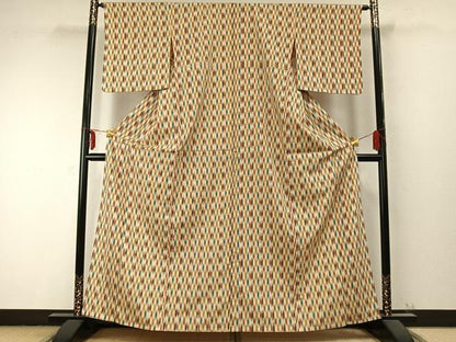 平和屋着物▽お召 単衣 矢羽文 正絹 逸品 AABC0257fy
