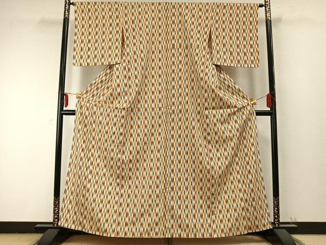 平和屋着物▽お召 単衣 矢羽文 正絹 逸品 AABC0257fy