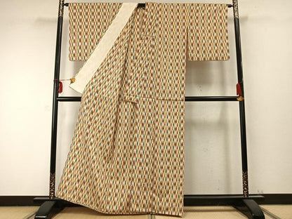 平和屋着物▽お召 単衣 矢羽文 正絹 逸品 AABC0257fy
