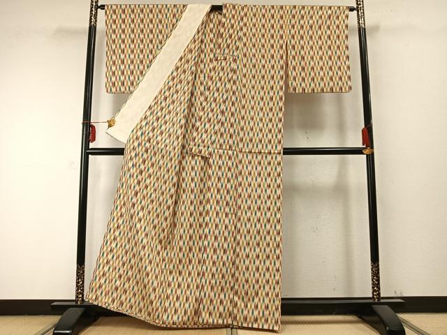 平和屋着物▽お召 単衣 矢羽文 正絹 逸品 AABC0257fy