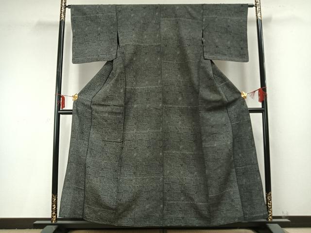 平和屋着物▽お召 単衣 幾何学文様 正絹 逸品 AABC0258fy