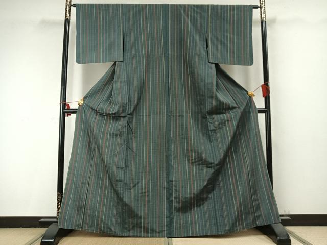 平和屋着物▽上質な紬 単衣 縞 正絹 逸品 AABC0259fy