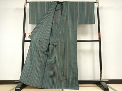 平和屋着物▽上質な紬 単衣 縞 正絹 逸品 AABC0259fy