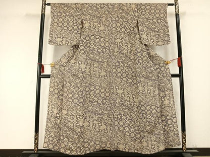 平和屋着物▽上質な小紋　単衣　舞蝶花鳥文　鹿　鬼しぼ縮緬　正絹　逸品　AABC0267fy