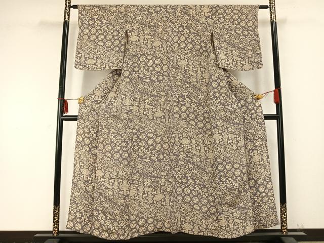 平和屋着物▽上質な小紋　単衣　舞蝶花鳥文　鹿　鬼しぼ縮緬　正絹　逸品　AABC0267fy