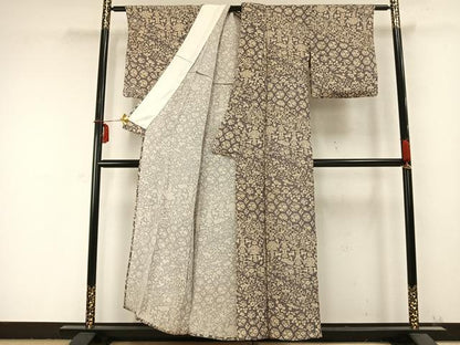 平和屋着物▽上質な小紋　単衣　舞蝶花鳥文　鹿　鬼しぼ縮緬　正絹　逸品　AABC0267fy