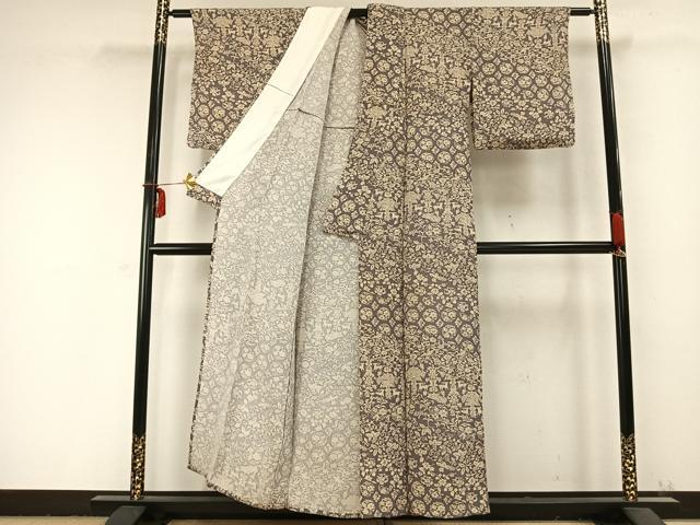 平和屋着物▽上質な小紋　単衣　舞蝶花鳥文　鹿　鬼しぼ縮緬　正絹　逸品　AABC0267fy