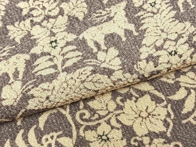 平和屋着物▽上質な小紋　単衣　舞蝶花鳥文　鹿　鬼しぼ縮緬　正絹　逸品　AABC0267fy